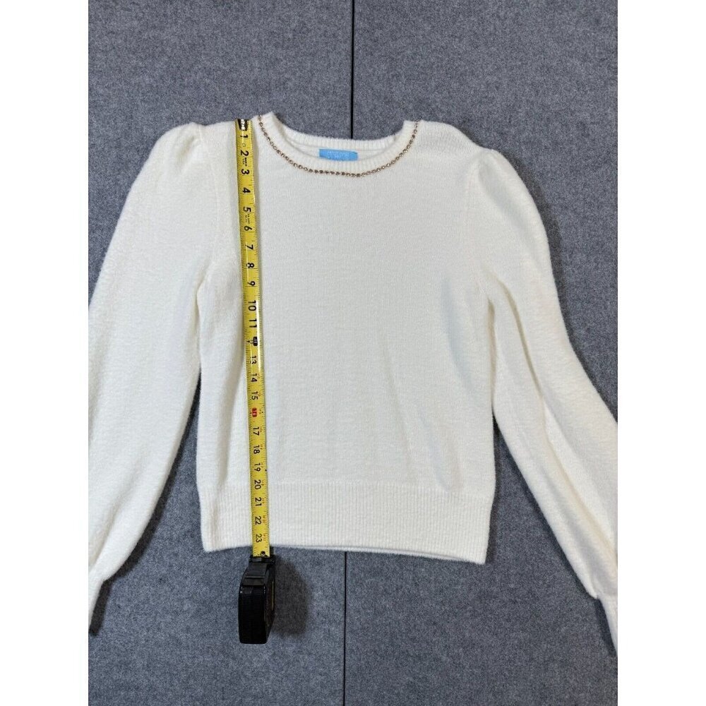 Draper James Sweater Women Large Beige Rhinestone Crew Neck Puff Sleeve Pullover
